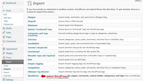 Page d'importation.