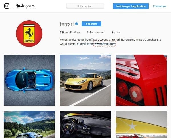 Marque automobile de luxe Ferrari sur Instagram