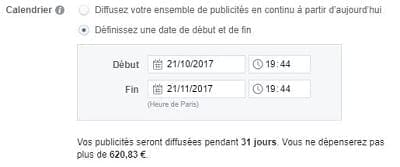 Capture d'écran de la planification des annonces Facebook