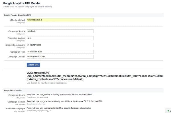 entrer l'information dans les champs du Google analytics url builder pour Facebook