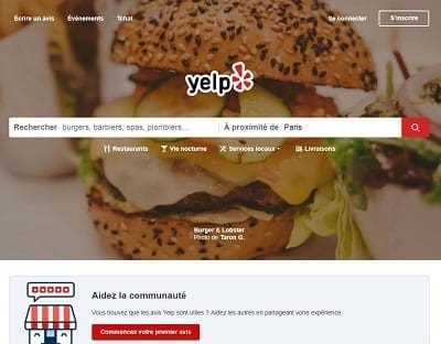 Capture d'écran de la page d'accueil de Yelp