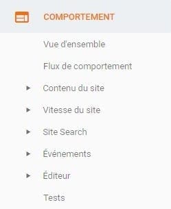 Option comportement de Google Analytics