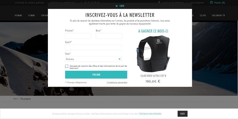 Newsletter Salomon faire comprendre ce que l'internaute va gagner