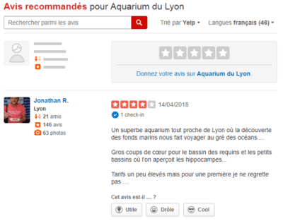 Exemple d'avis en ligne Yelp