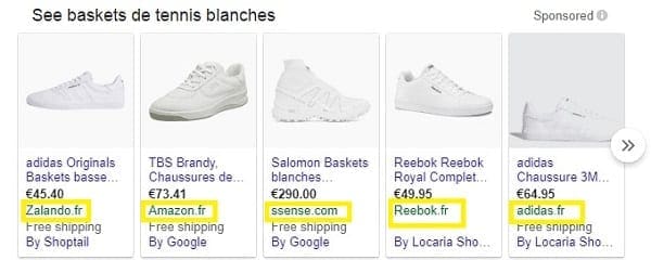 Un exemple de Google Shopping affichant le nom de la marque