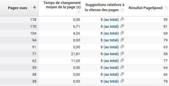 Google Analytics - Suggestions de vitesse du site