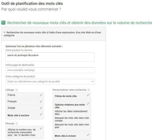 Utilisation du planificateur de mots clés Google