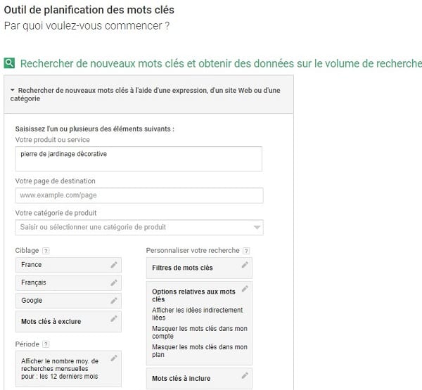 Utilisation du planificateur de mots clés Google