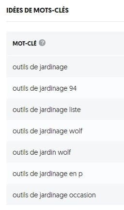 Ubersuggest mots-clés pour les fournitures de jardinage