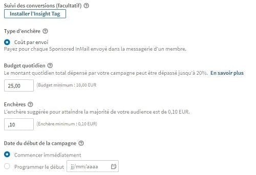 Prix publicité Linkedin envoie inmail sponsorisé