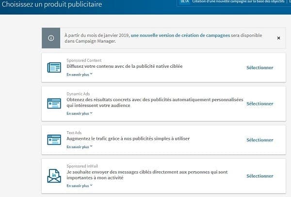 Choix des différentes publicités Linkedin