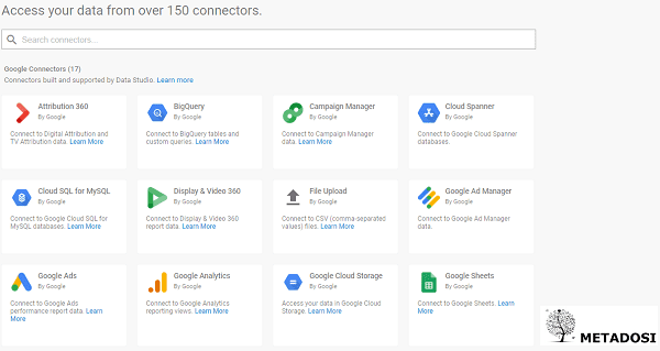 Une capture d'écran des sources disponibles à partir de Google Data Studio