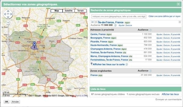 Une capture d'écran des options de ciblage géographique Google Ads