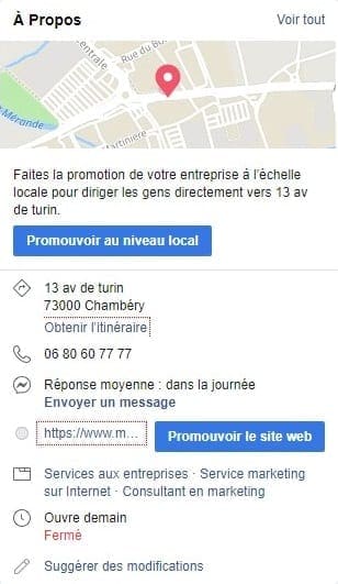 Une capture d'écran d'une section à propos optimisée pour le référencement facebook