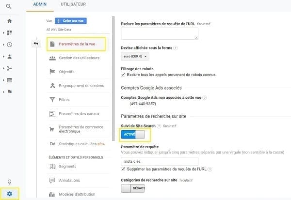 Capture d'écran de l'activation de la recherche sur site dans Google Analytics