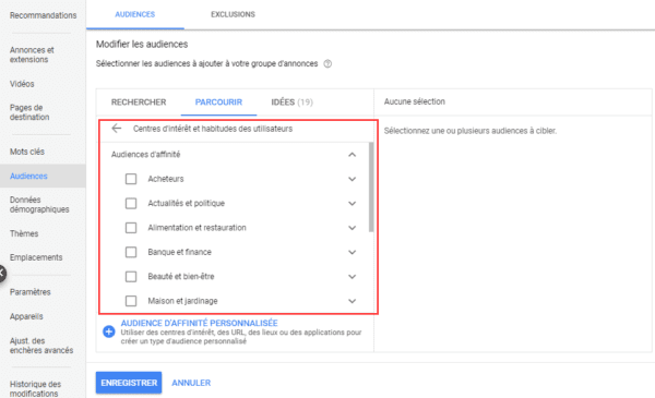 Une capture d'écran de la sélection de sujets dans Google Ads