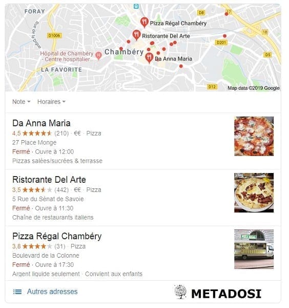 Recherche locale d'une Pizzeria à Chambéry : résultat du pack local 3 de Google