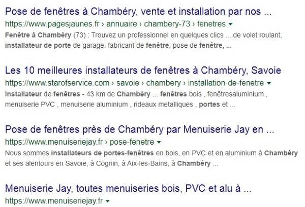 Exemple de classement des résultats de recherche organiques pour le mot clé installateur de portes et fenêtres Chambery