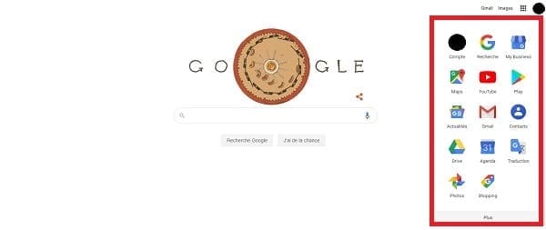 Menu déroulant sur la page d'accueil de Google.