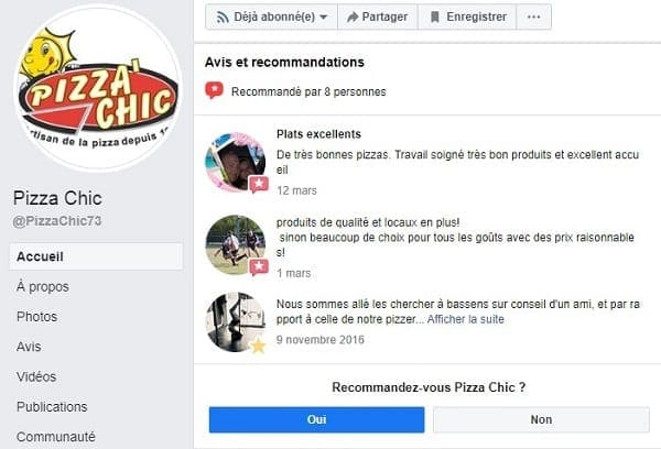Un exemple d'avis et commentaires sur Facebook pour la vente de pizza à emporter