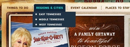 Capture d'écran du menu de navigation Tennessee Vacation.