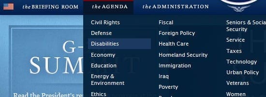 Capture d'écran du menu de navigation de la Maison Blanche.