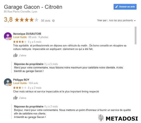 Avis et commentaire sur Google pour un garage automobile