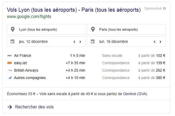 Google Travel vols Paris