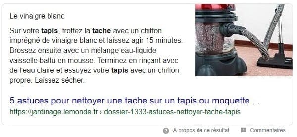 Featured snippet sur les taches et tapis