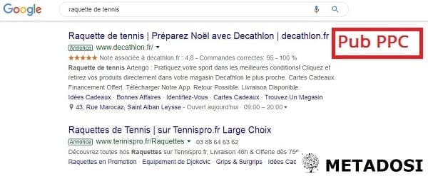 Annonces PPC pour la requête de recherche "raquettes de tennis".