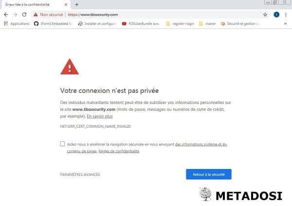 Une alerte de site web non sécurisé dans Google Chrome