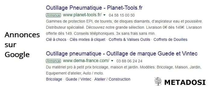 Une capture d'écran des annonces en ligne sur Google