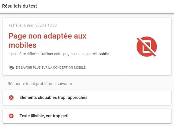 Résultats de l'échec de l'outil de test Mobile-Friendly