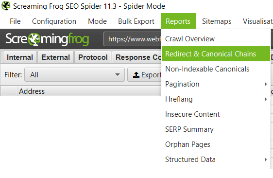 Rapport de chaîne de redirection de Screaming Frog