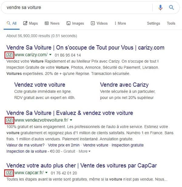 Annonce payante dans les Résultats de recherche Google SERP