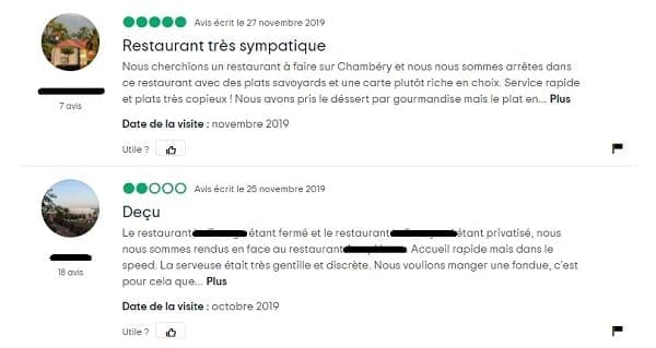 Capture d'écran des avis sur les restaurants en ligne