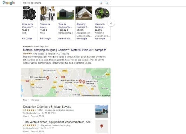 Exemple de référencement payant et de publicité dans les SERP de Google