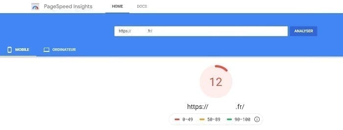 Exemple d'échec d'un site web dans les résultats d'un test de vitesse