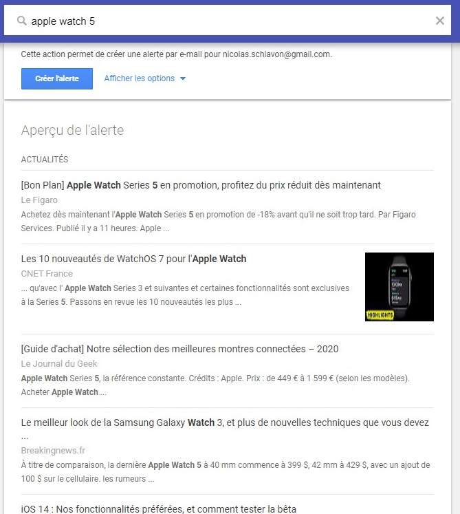 Un exemple de mot clé dans Google Alerte