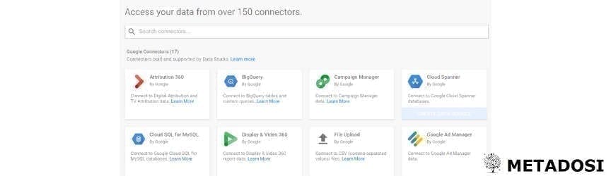 Une capture d'écran des sources disponibles dans Google Data Studio