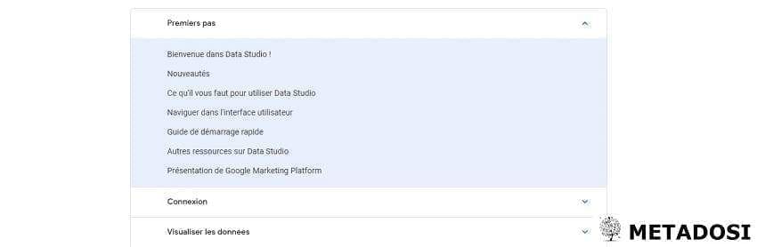 Une capture d'écran du centre d'aide dans Google Data Studio