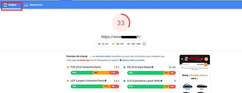 Aperçu de la vitesse de chargement de page web