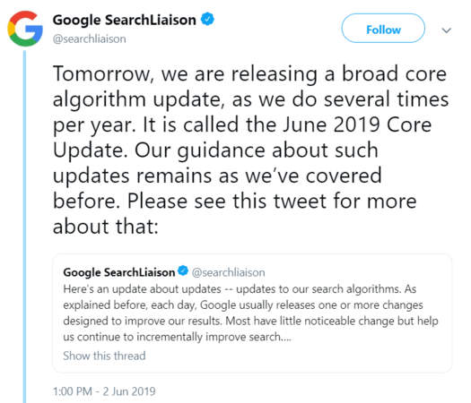 Annonce sur Twitter de la core update de juin 2019 de Google