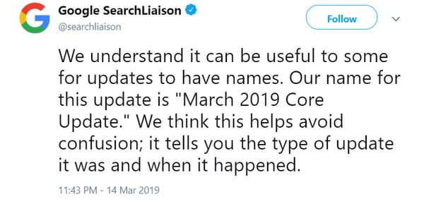 Annonce sur Twitter de la core update de mars 2019 de Google