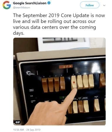 Annonce sur Twitter de la core update de Google pour septembre 2019