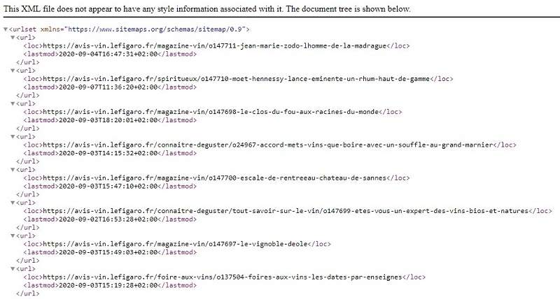 Un sitemap XML des avis du vin du Figaro avec des liens vers toutes ses pages et des éléments comme les balises , , , and