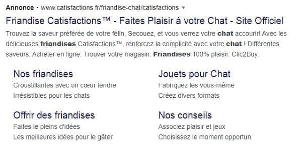 une publicité de recherche Google pour des friandises pour chats