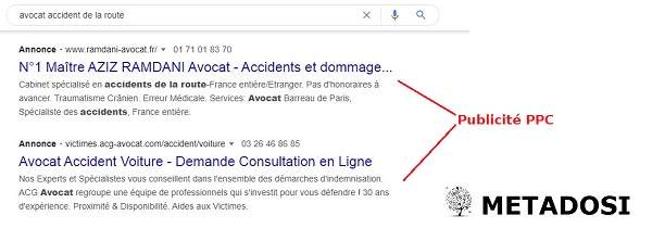 Recherche d'annonces PPC sur Google pour la recherche d'avocat d'accident de la route