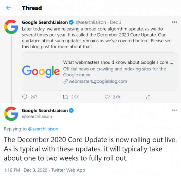 Google annonce une mise à jour de base pour décembre 2020 sur Twiter