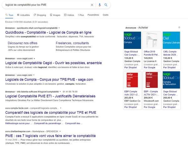 SERP pour la recherche de logiciels de comptabilité